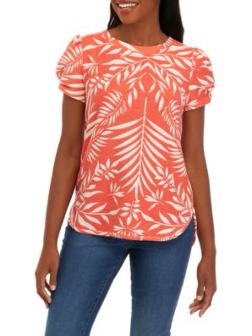 Crown & Ivy Coral Tropical Leaf Puff Sleeve Soft Knit Top M NWOT